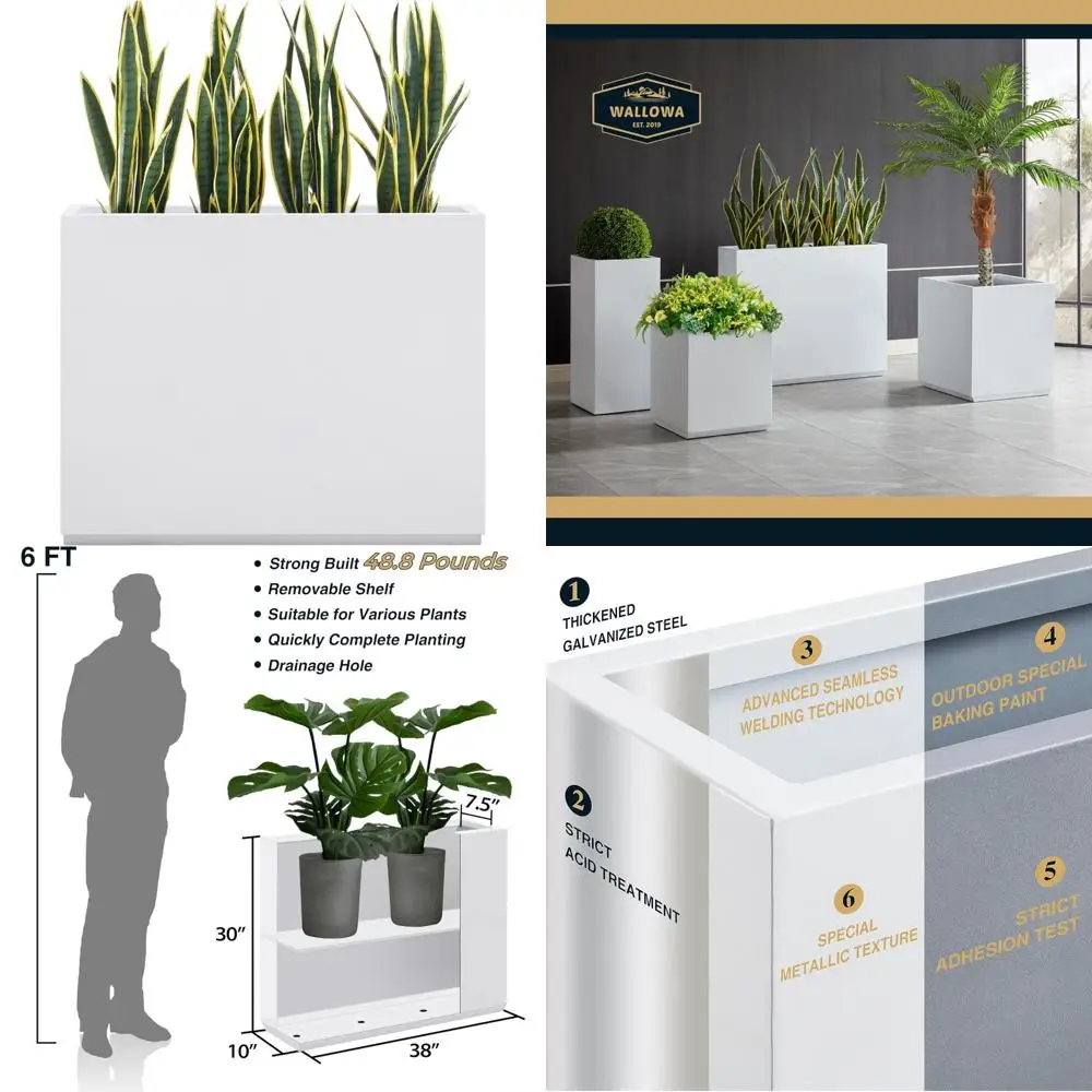 

Large Outdoor Heavy Metal Planter Box, Long Tall Divider Flower Pot, 38L x 10W x 30H, White Seamless Planters for Garden Decor