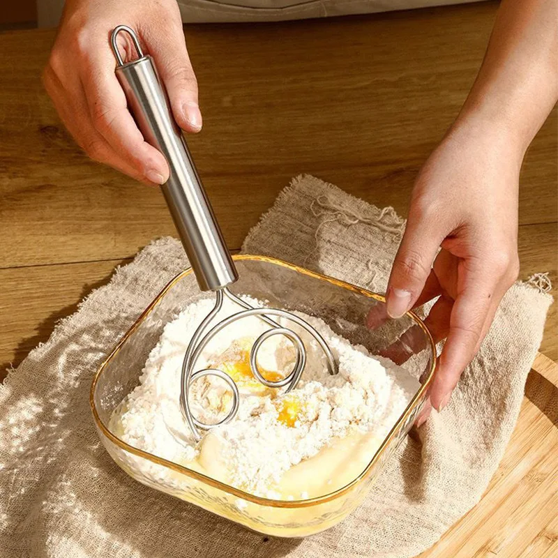 Batidora de masa de acero inoxidable, batidora de pan manual, raspador de masa, herramienta de agitación rápida de doble orificio, batidor de masa danés, agitador de huevos