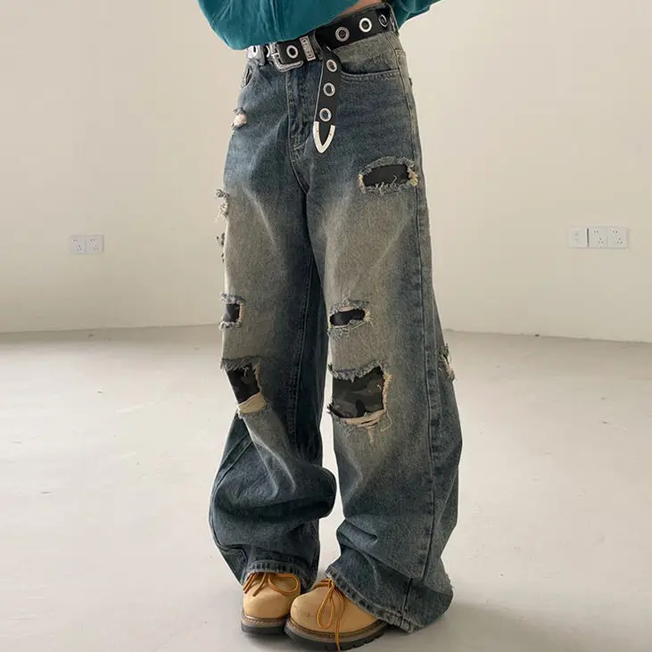 Y2K Camouflage Patchwork Vintage Jeans Women High Waist Straight Denim Pants Ripped American Retro Wide Leg Baggy Trousers