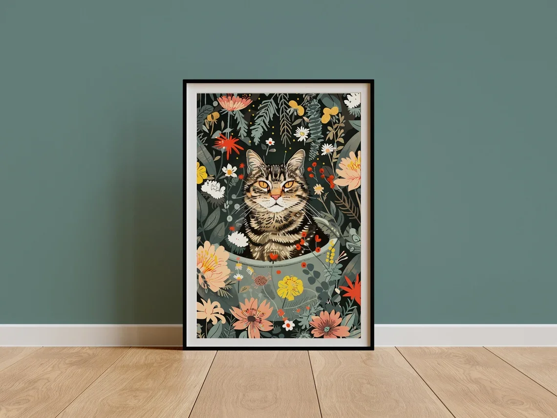 Tabby Cat Wall Art - DIGITAL DOWNLOAD, Boho Kitten Jungle Bathtub Print, Maximalist Botanical Decor, Eclectic Tropical Poster, C
