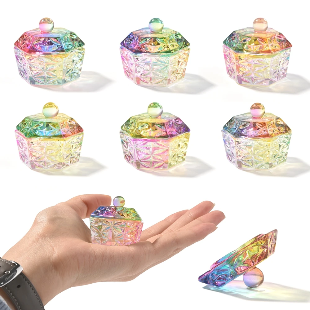 6PCS Crystal Glass Acrylic Powder Liquid Nail Cup Colorful Iridescent Dappen Dish Lid Bowl Cup Holder Equipment Nail Art Tools