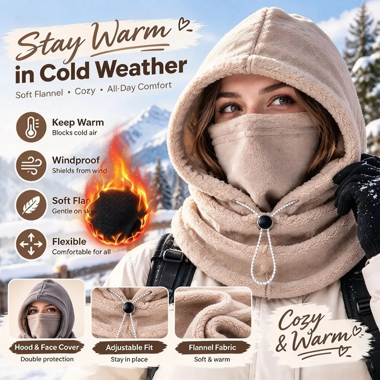 3-in-1 Travel Integrated Wind Hat Adjustable Padded Cold-proof Riding Cap Unisex Face-protecting Neck-protecting Pullover Hat