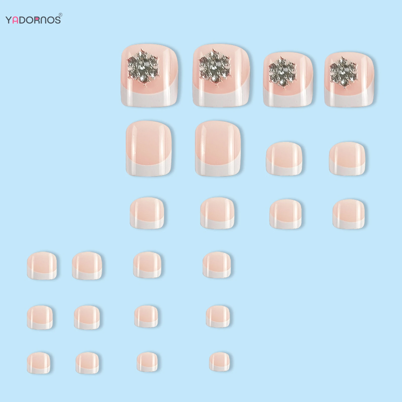 24Pcs French Fake Toe Nail Diamond Snowflake Decor Press on Toe Nail Summer False Nails Acrylic Reusable Manicure With Tool Kit