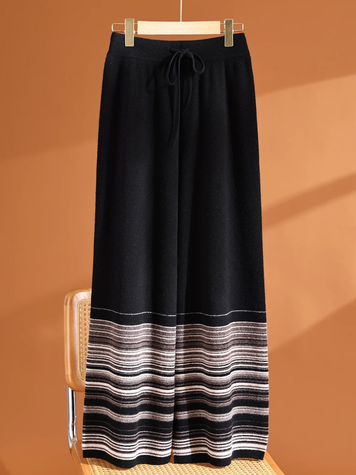 TLOML Women's 100% Merino Wool Hem Color Block Wide Leg Pants Autumn Winter Cashmere Soft Warm Popular Casual Knitwear Trousers