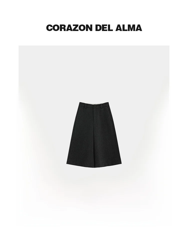 

Hori Retro Tweed Unmaintained Casual Faionable Wide Leg Five-Quarter Length Pants High Waist Zipper Closure Commute Sle