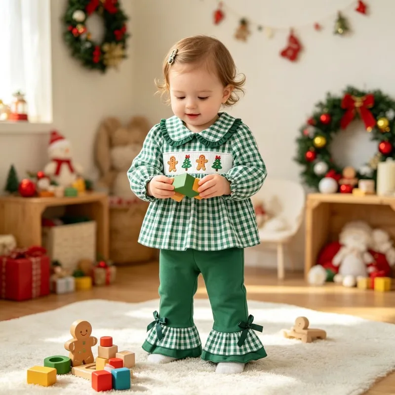 2Pcs Toddler Girls Christmas Autumn Outfit Embroidered Plaid Top Spliced Flare Pants Kids Festival Casual Clothing Set