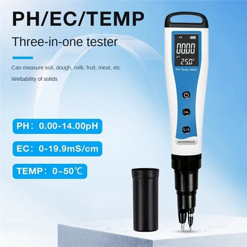 AB42-3In1 PH EC Temperature Meter, Waterproof Portable PH Tester With Probe, Digital PH Conductivity Temp Detector