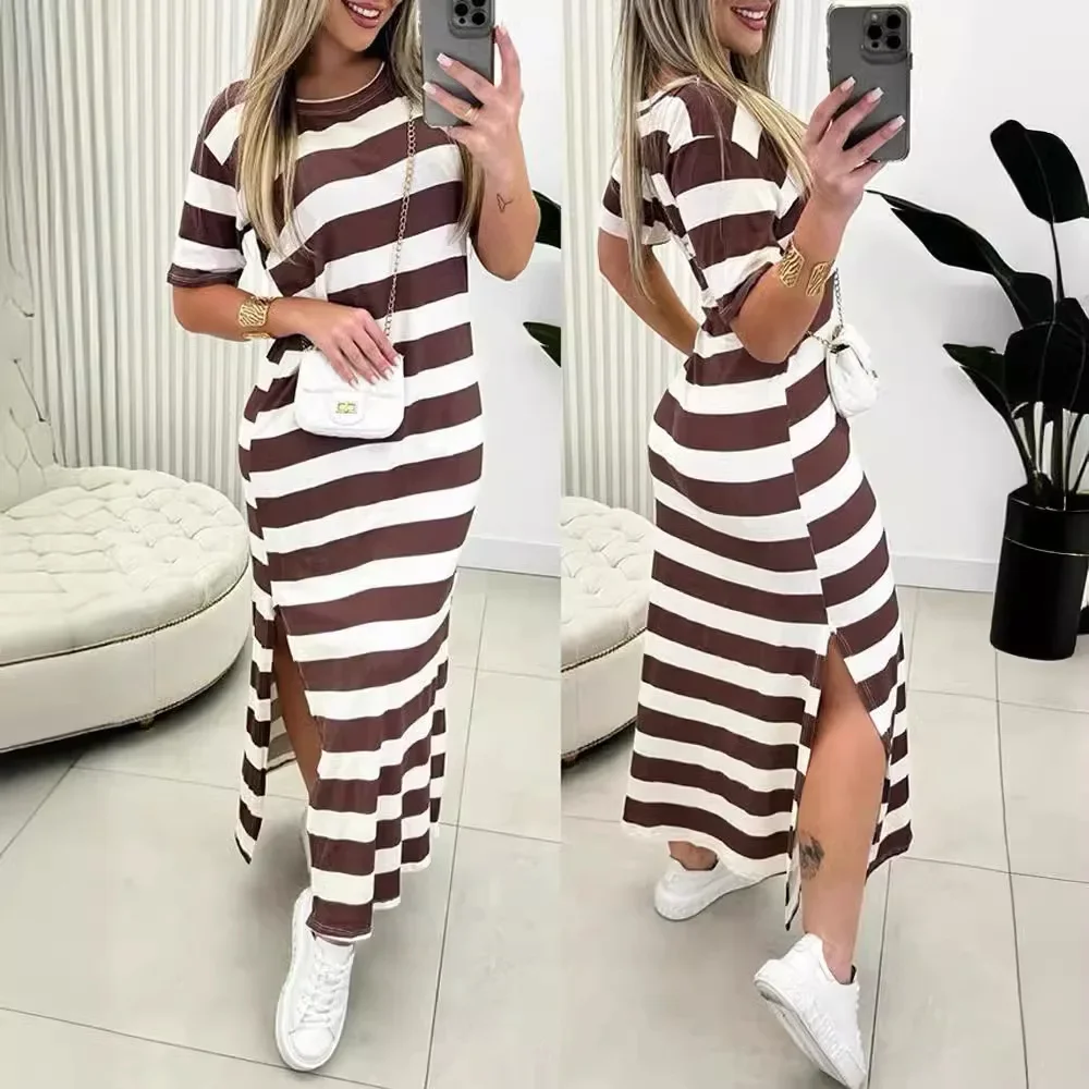 Striped Side Slit Casual Dress Women O Neck Short Sleeve High Waist Ankle Length Dress Summer Slim Fit