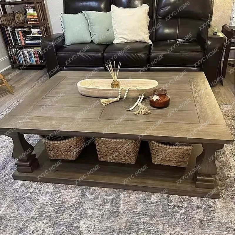 XX Retro Solid Wood Two-Tier Coffee Table  Style Living Room Sofa Side Table Rustic Long Tea Table