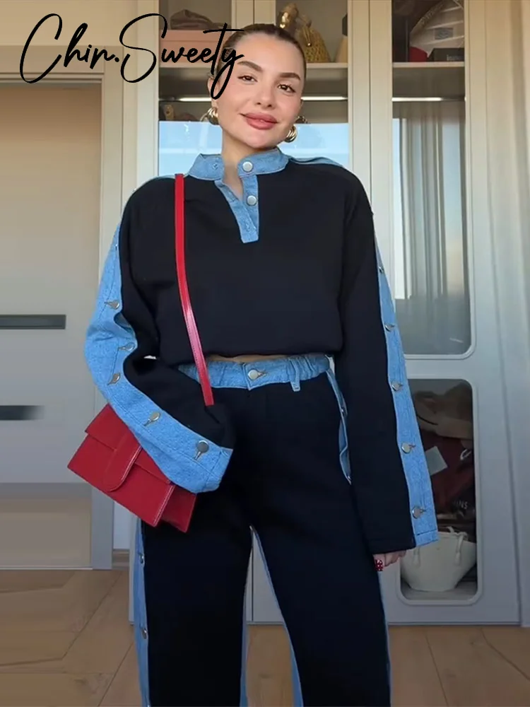 Contrasted Color Women's Sweatshirt Trouser Suits Patchwork Full Sleeve V-Neck Lady Set 2026 Spring Chic 2 Pieces Set Women New