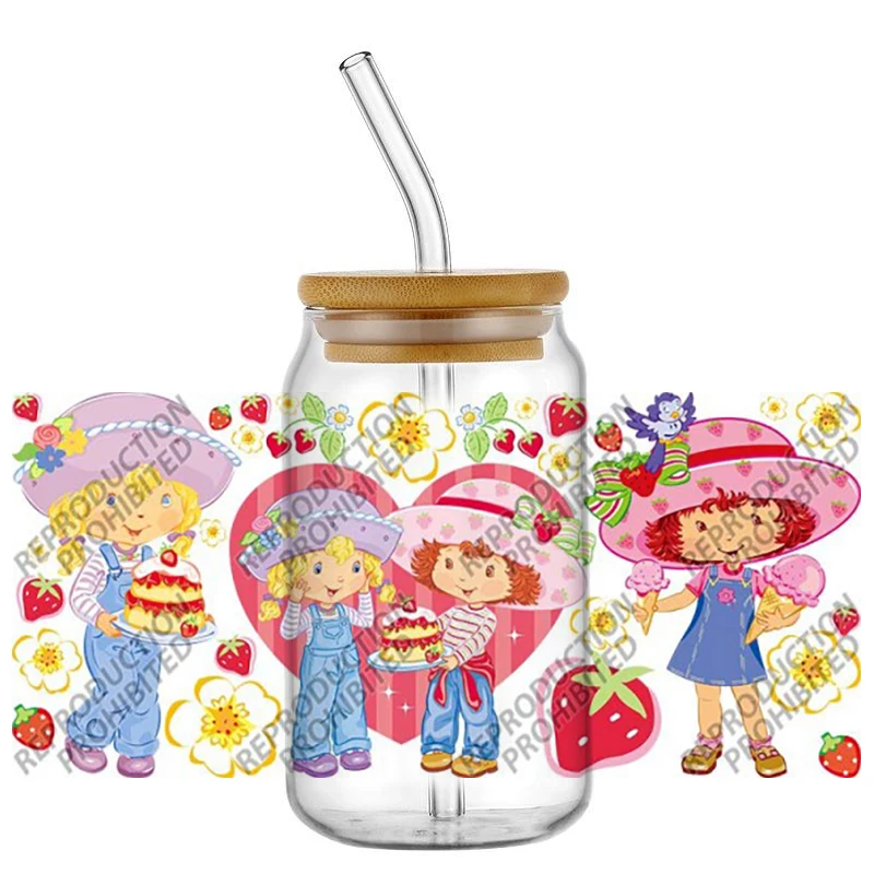Cute Girl with Friends UV DTF Cup Wrap Stickers for 16oz Libbey Strawberry High Viscosity Durable Stickers Glasses Tumbler view 5
