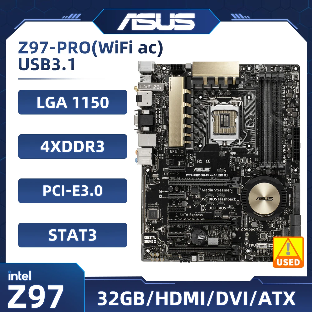 ASUS Z97-PRO(Wi-Fi AC)/USB 3.1 Motherboard LGA 1150 DDR3 1×M.2   USB3.0  8×SATA III Micro ATX support  i7-4770  i7-4790  cpu