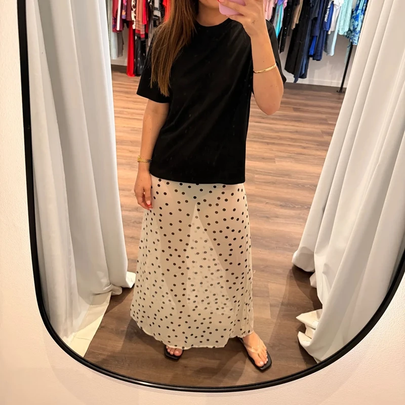 Women Summer Elegant Polka Dot Print A-line Long Skirt Sheer See-through Cover-ups for Beach Vacation Club Streetwear