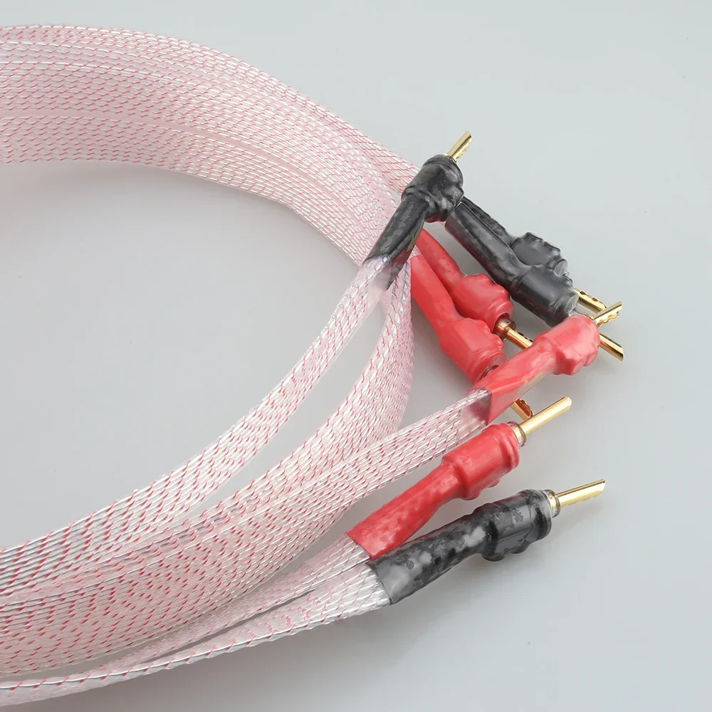 High End Audio Flat Speaker Cable FC02AG Silver Plated OFC with BFA Banana Transparent Cover for Superior Sound Quality