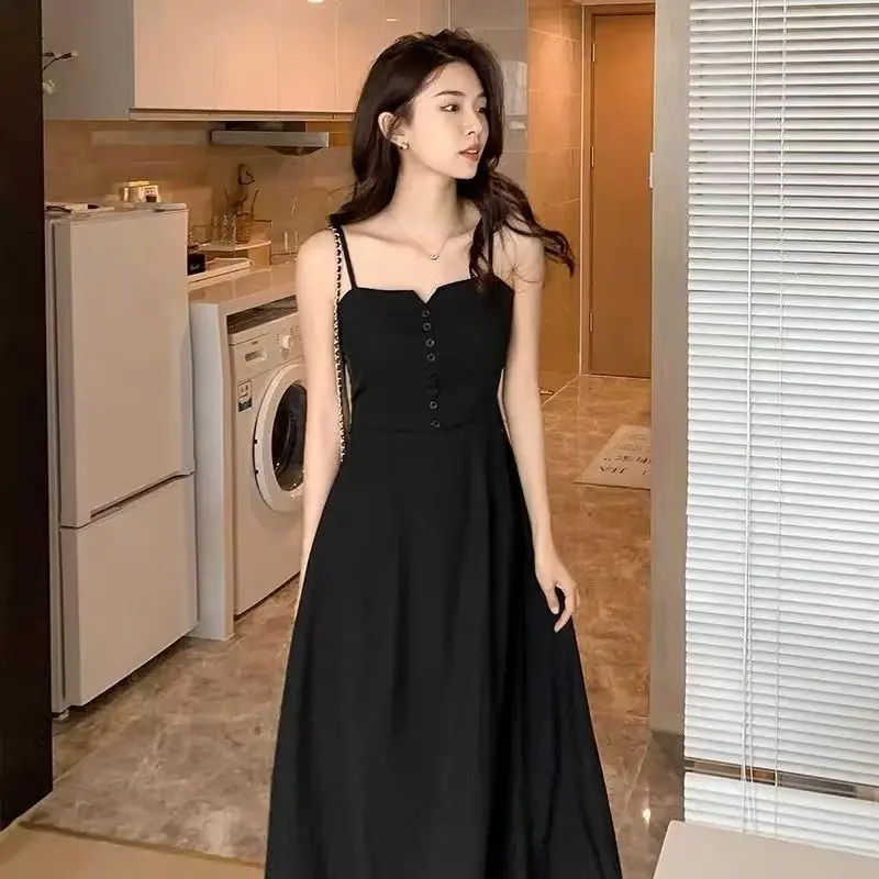 

Sexy Summer Black Backless Strap Dress Women Vintage Elegent Party Midi Dress Korean Evening Party Slim Button Vestidos De Mujer