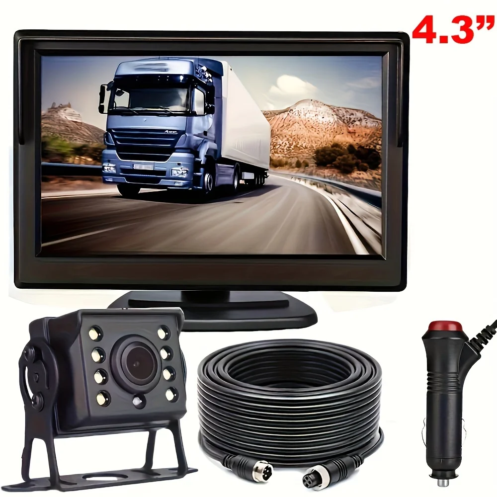 Car Rear View Backup Camera Kit with Monitor 4Pin Cable Heavy Duty Camera for RV Bus Truck Trailer 12V/24V Easy Installation