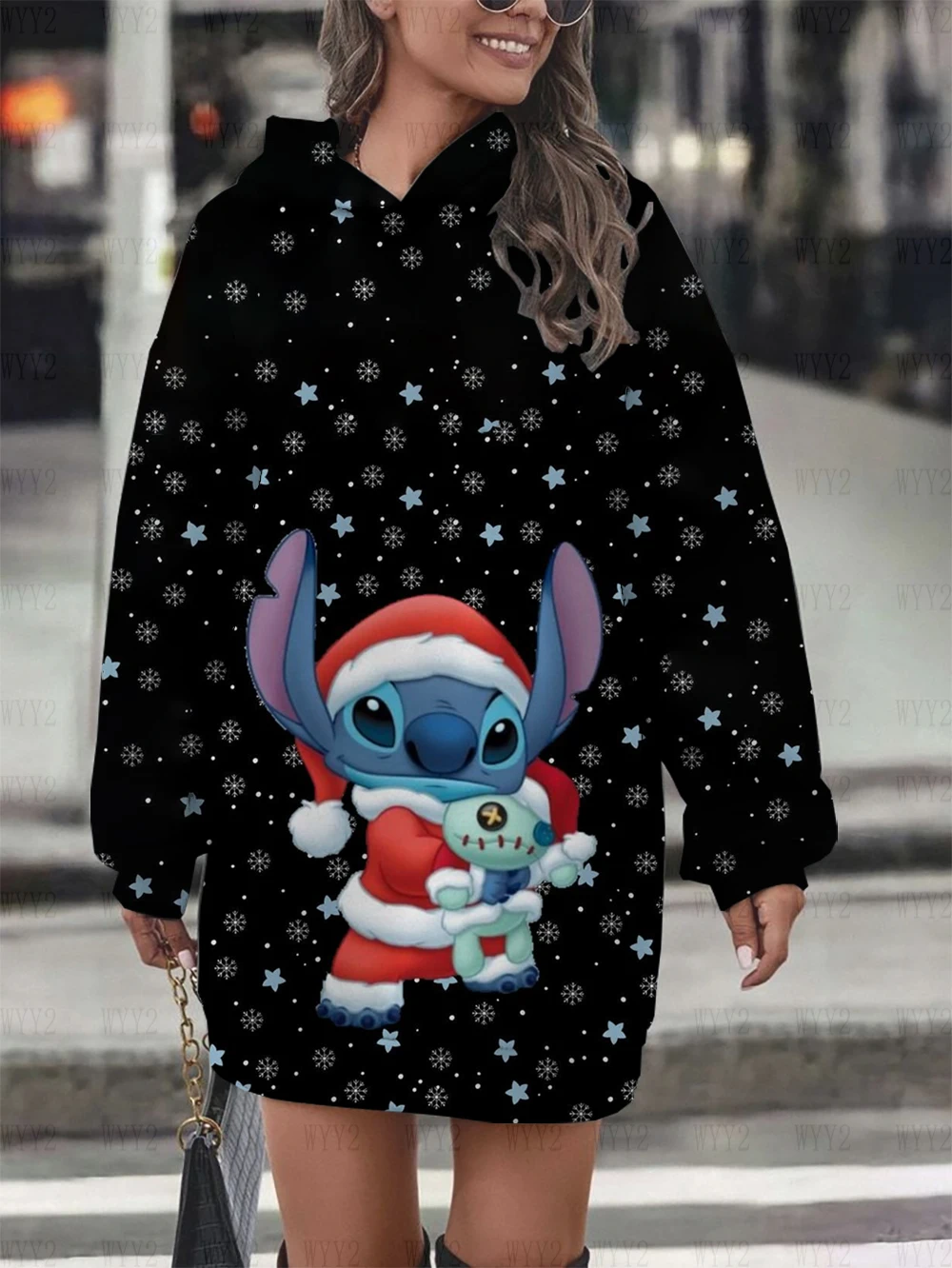 Winter Women\'s Clothing Disney Christmas Stitch Print Pullover Sweatshirt Women\'s Party Dress Fashion Street Style Sweatshirt