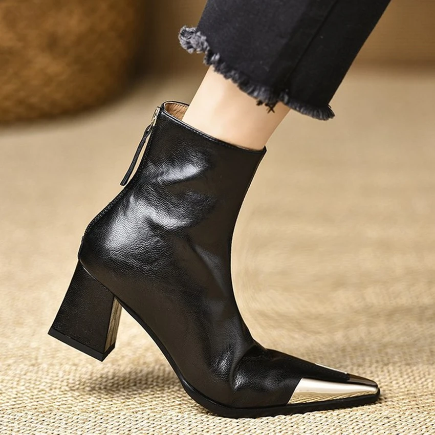 Cow Leather Pointed Toe High Heels Chic Design Concise Spring Autumn Shoe Dress Warm Wedding Ankle Fashion Casual Boots New 2024