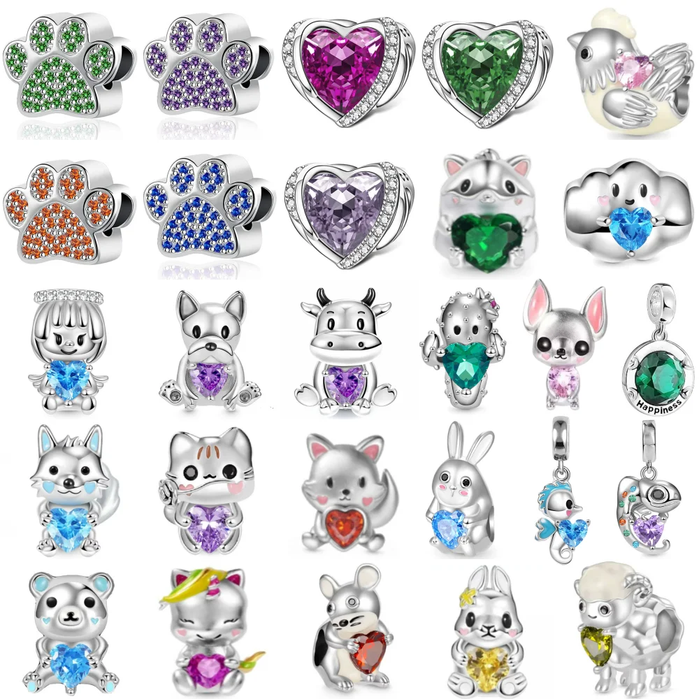 925 Silver Dog Claw, Cow, Sheep, Rabbit Heart shaped Bead Pendant, Suitable for European Original Bracelet DIY Exquisite Jewelry
