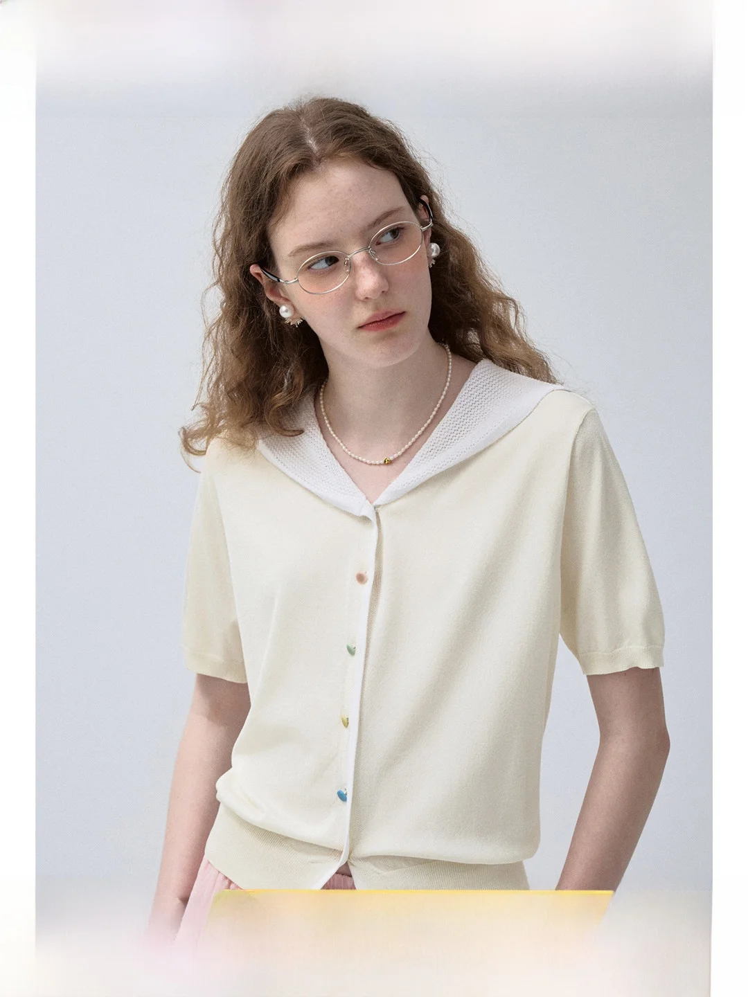 

Large Size Women's V-neck Knitted Short-sleeved Hollow-out Navy Collar Color-block T-shirt Summer Commute Casual Top