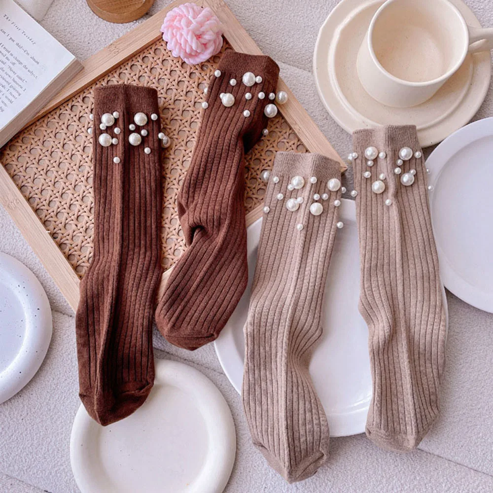 2023 New Pearl Cotton Socks Women Solid Short Socks Foot Socks Hosiery Mid-tube Socks Casual Simple Fashion Pearl Decoration