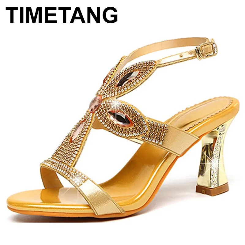 

2025 Women Genuine Leather Fashion Sandals Pumps Summer Rhinestone High Heel Wedding Party Shoes Crystal Open-toe Sandals