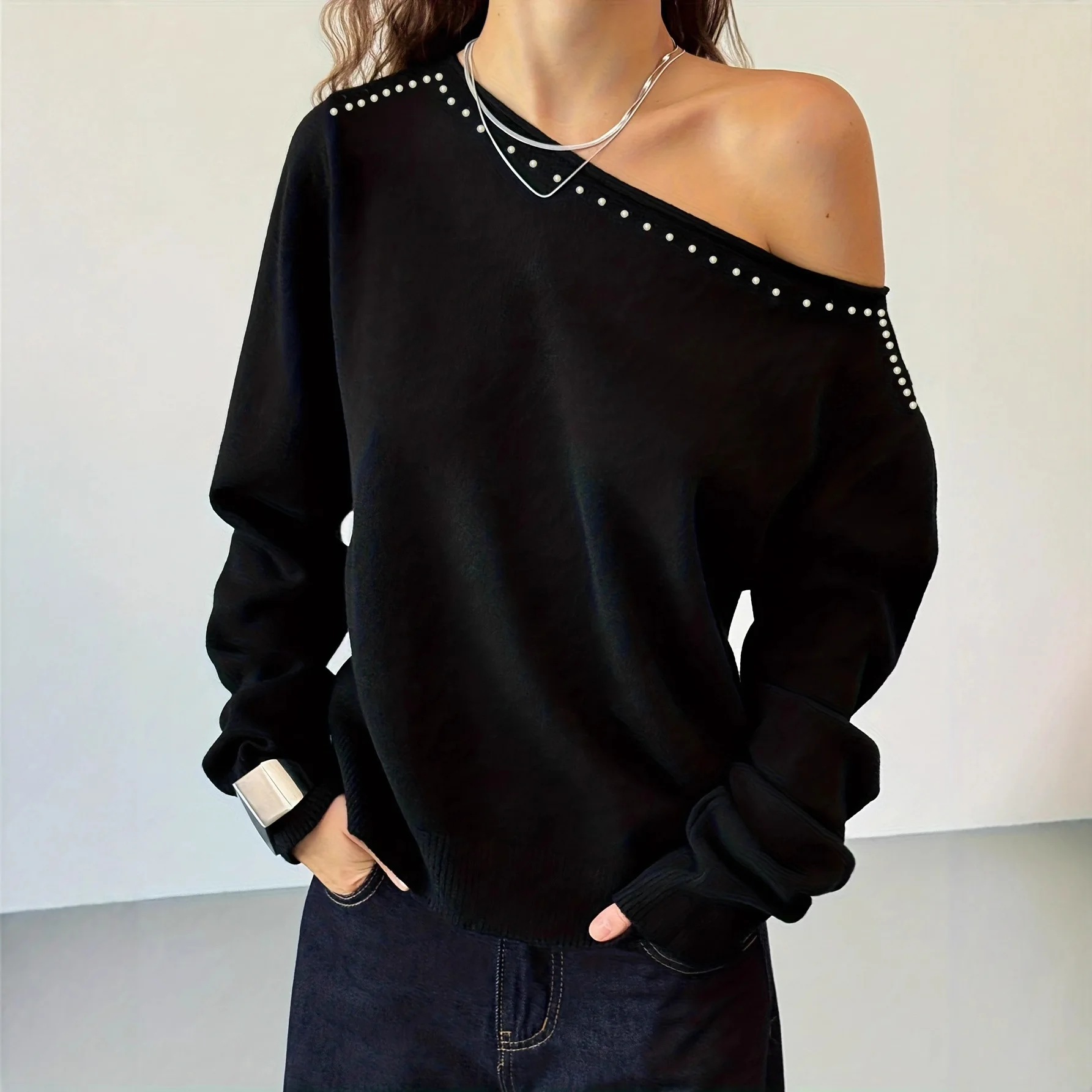 Women's Solid Color Pearl Decoration Chic Slanted Collar Off Shoulder Long Sleeved Loose Casual Fashionable Knitted Shirt New