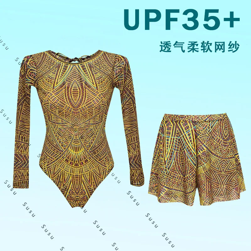 

Купальник one-piece long-sleeved sunscreen mesh swimsuit two-piece gauze skirt Russian swimsuit women's new