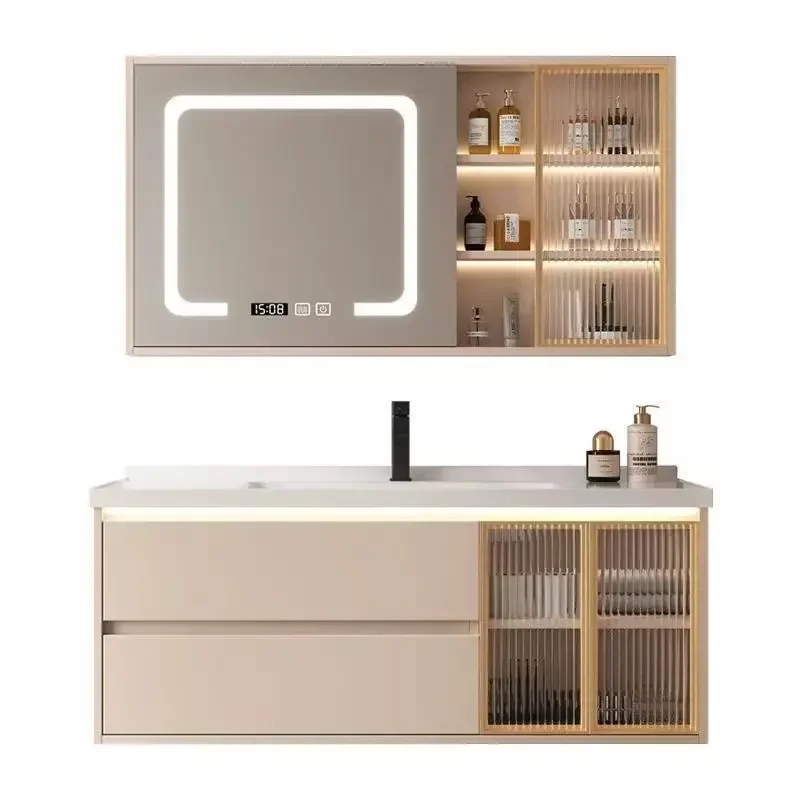 

Small apartment bathroom cabinet ceramic integrated basin bathroom rock slab basin wall-mounted smart mirror cabinet