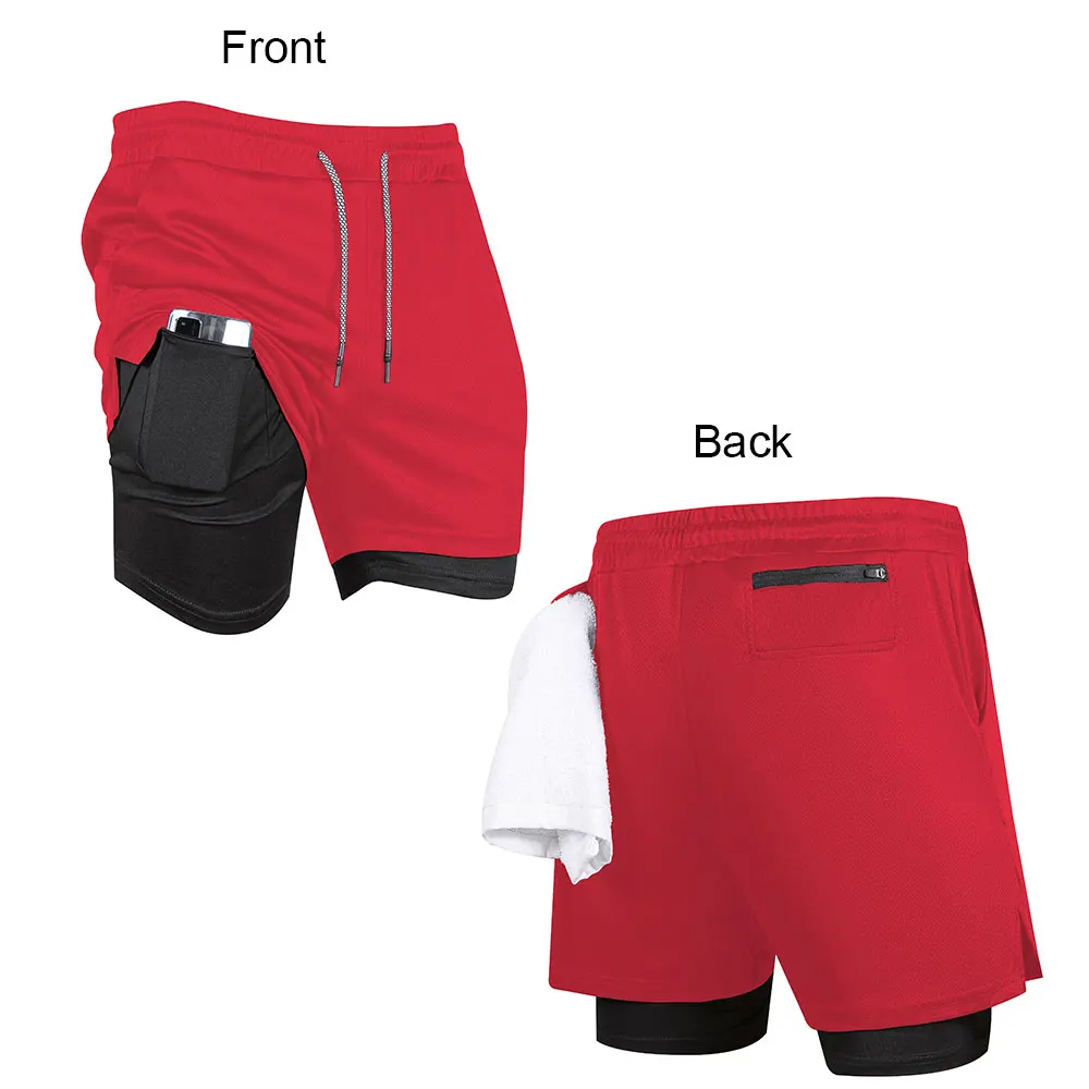 2 in 1 Performance Shorts Men\'s Fitness Gym Workout Summer Soild Color Short Pants Double-deck Quick Dry Jogging Sportswear