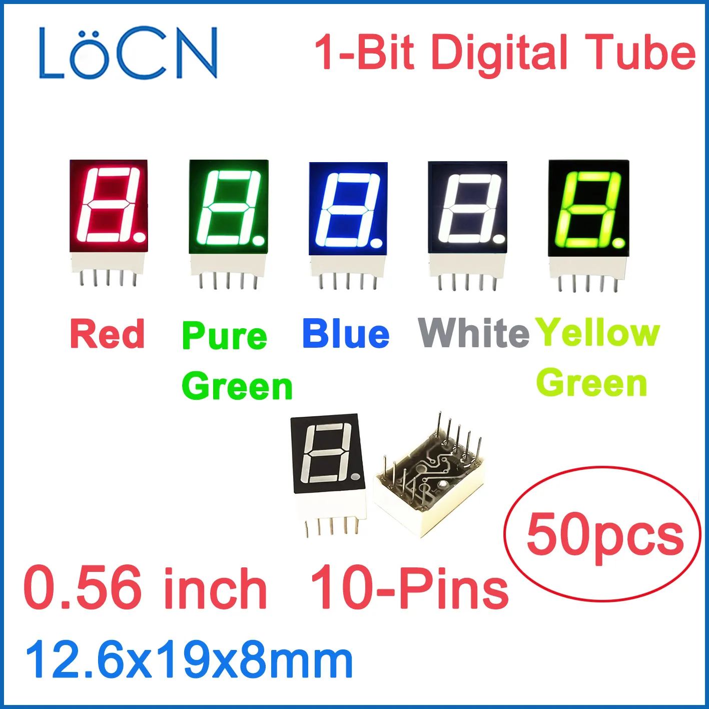 0.56인치 LED 디스플레이 디지털 튜브 1비트 레드 블루 화이트 옐로우 퓨어 그린 공통 음극 양극 고휘도 시계 디스플레이 50개