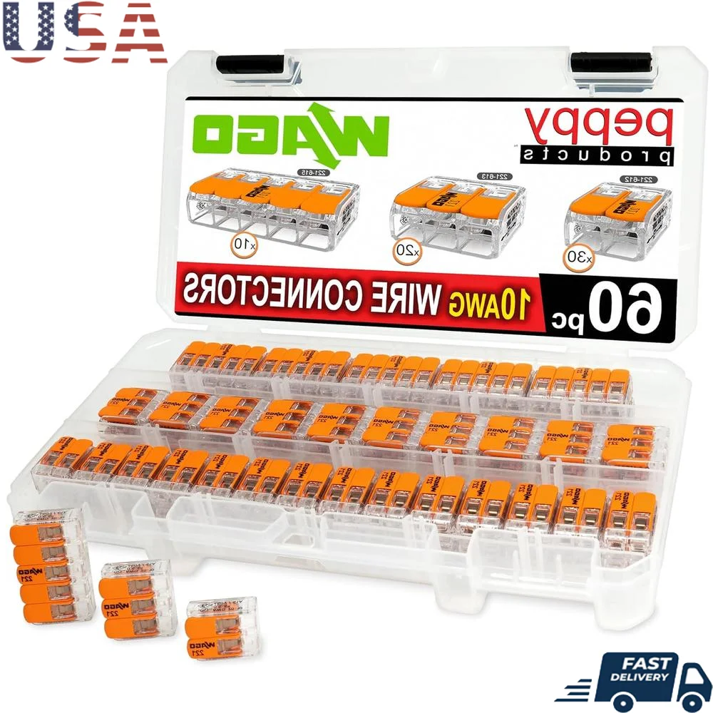

10AWG WAGO 221-61x Lever Nut Connector Kit 60pc Electrical Wire Splicing Solid Stranded Conductors