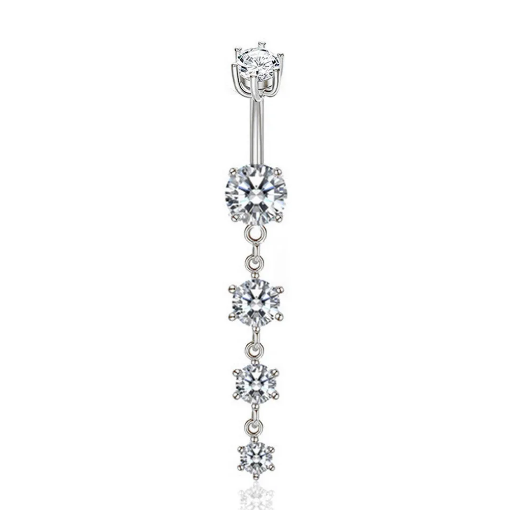 Shiny Copper Zircon Belly Button Ring Pink Flower Crystal Stainless Steel Navel Piercing Long Dangled Metal Body Jewelry Men