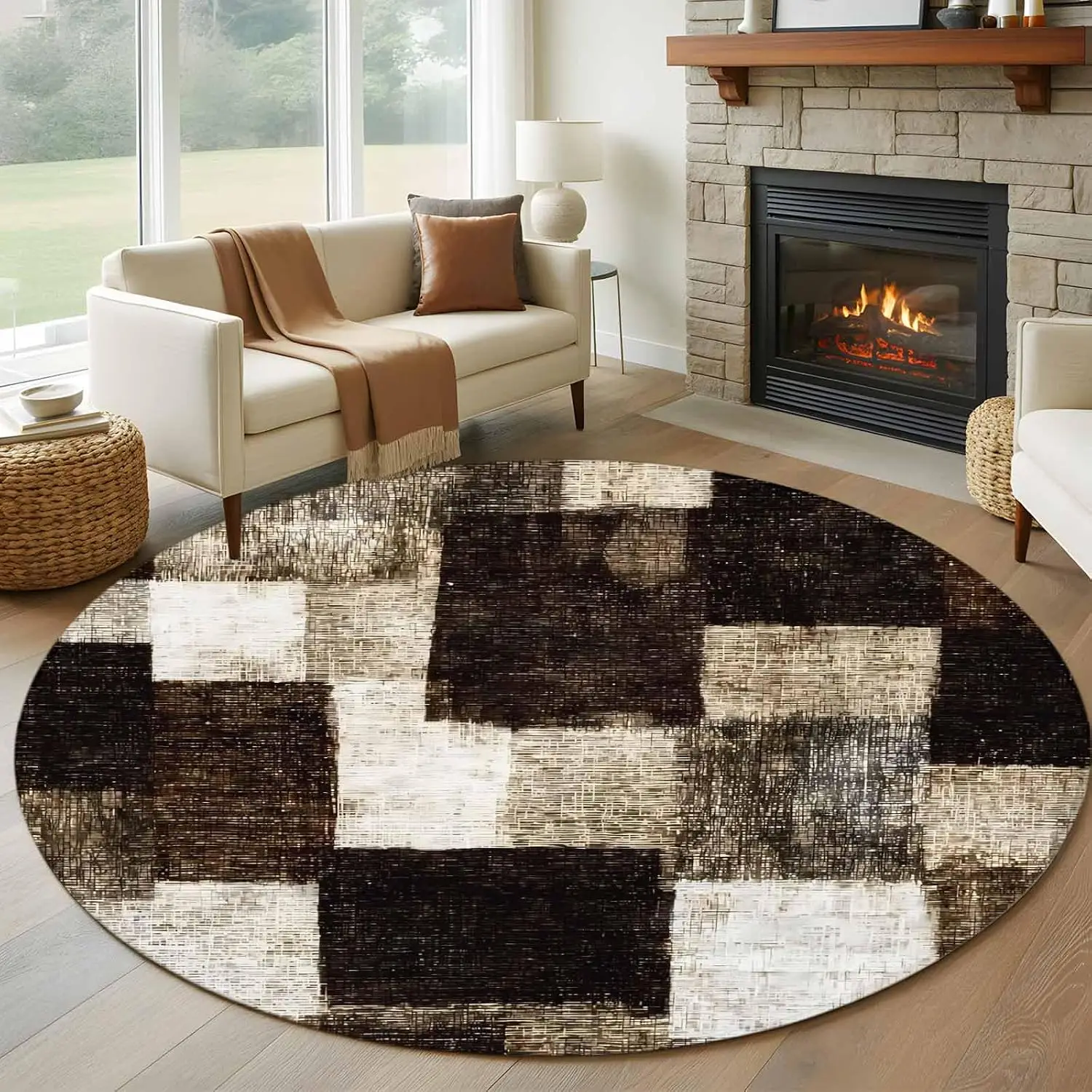 Modern Geometric Brown Round Rug Abstract Checkered Circular Carpet Soft Bedroom Non Slip Floor Mat Decorative Rug Living Room