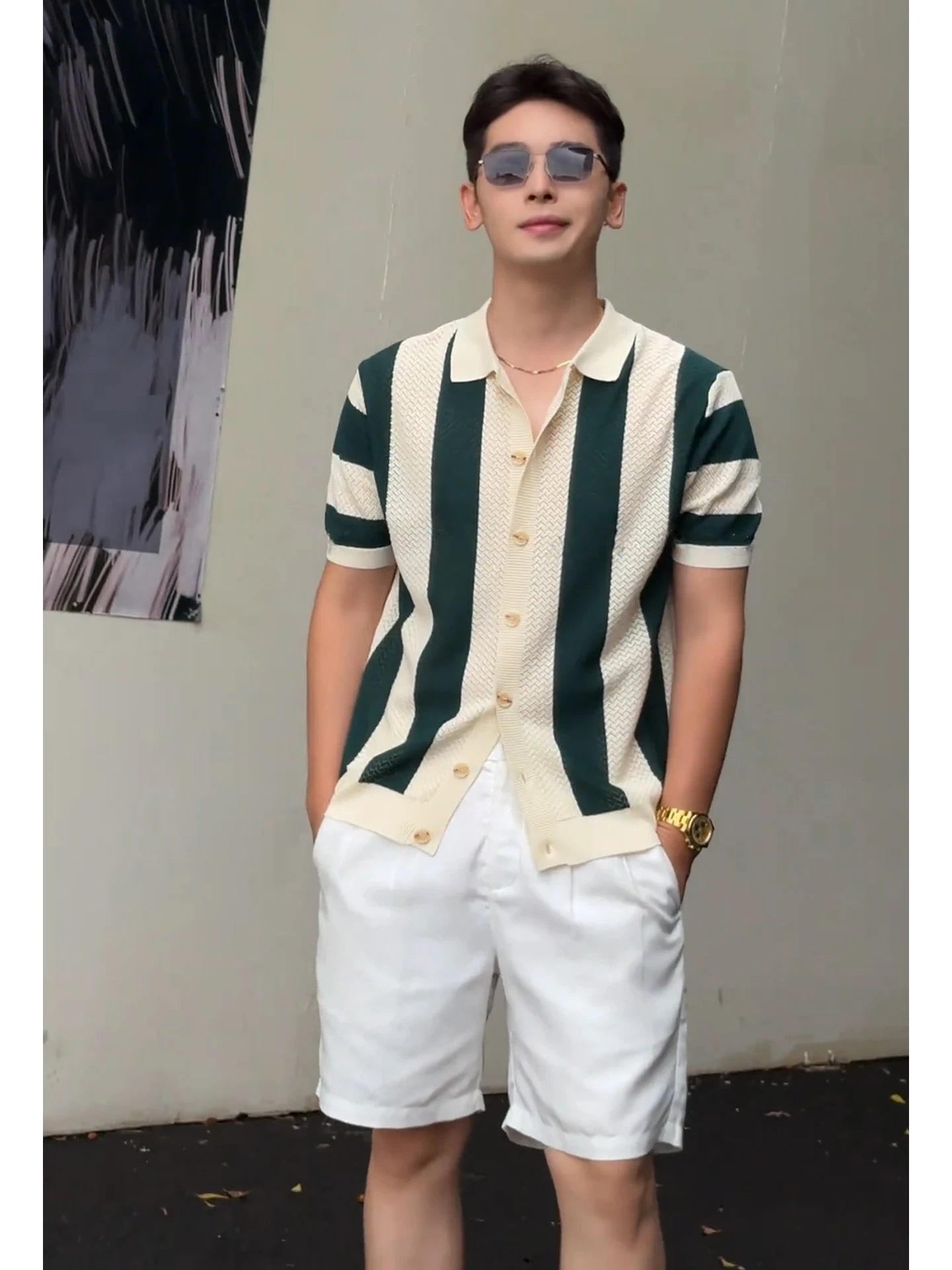 

American Contrast Color Knitted Hollow out Short Sleeve Men's T-Shirt Summer Casual Style Standard Fit Striped Half Sleeve