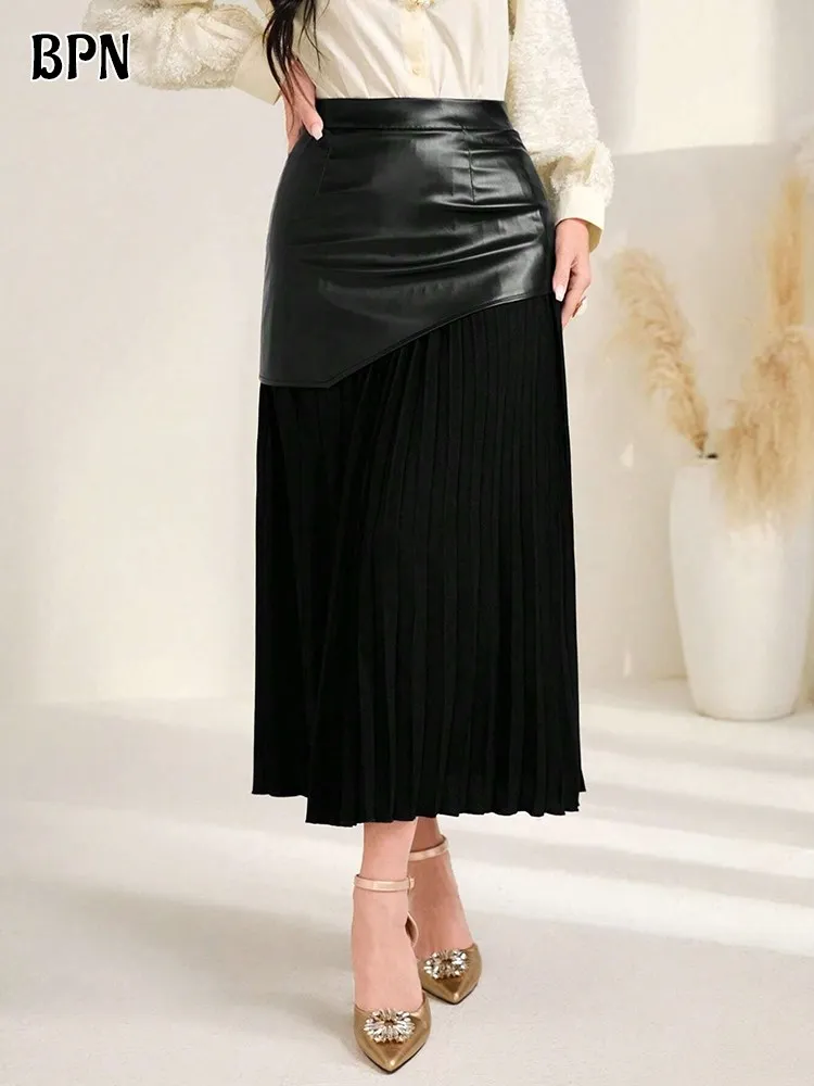 

BPN Temperaments Patchwork Leather Skirts For Women High Waist Hit Color Slimming A Line Casual Midi Skirt Female Clothing New