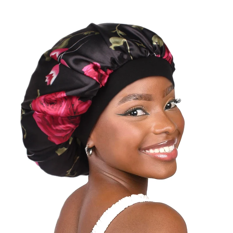 Frauen Satin Motorhaube Elastische Breite Band Blumen Druck Nacht Schlaf Hut Haarausfall Kopf Wrap Chemo Haarpflege Dusche Make-Up Kappe – Detail 6