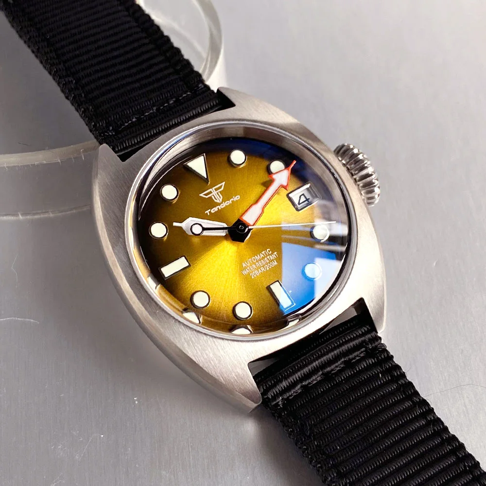 タンドリオ 36mm 新品 ブラックイエロー サンバースト 夜光 メンズ腕時計 スチールケース サファイアガラス NH35ムーブメント 20ATM防水 ナイロンバンド