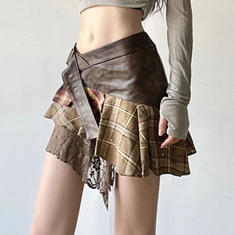 New Retro Fashion Street Asymmetric Women Mini Skirt Lace Striped Plaid Leather Irregular Fashion Stylish Design Skirt