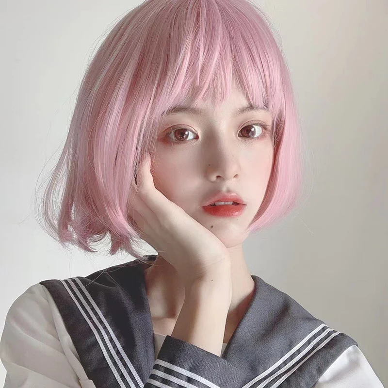Festa mulher colorido bob corte de cabelo barra vestir-se moda curto cabelo reto senhora diário uniforme escolar jogo ar franja cabelo curto