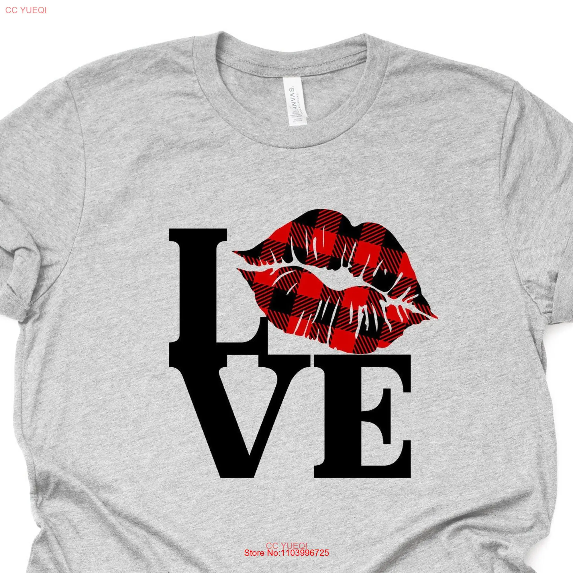 Valentine's Day T Shirt Cute LOVE with Red Buffalo Plaid Lip Design on premium unisex 2 color choices 2X 3X 4X plus sizes