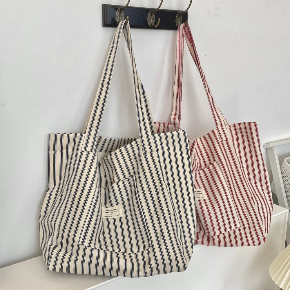 Vintage Gestreifte Damen Umhängetaschen Große Kapazität Weibliche Wiederverwendbare Einkaufstasche Leinwand Schule Mädchen Buch Tote Handtaschen