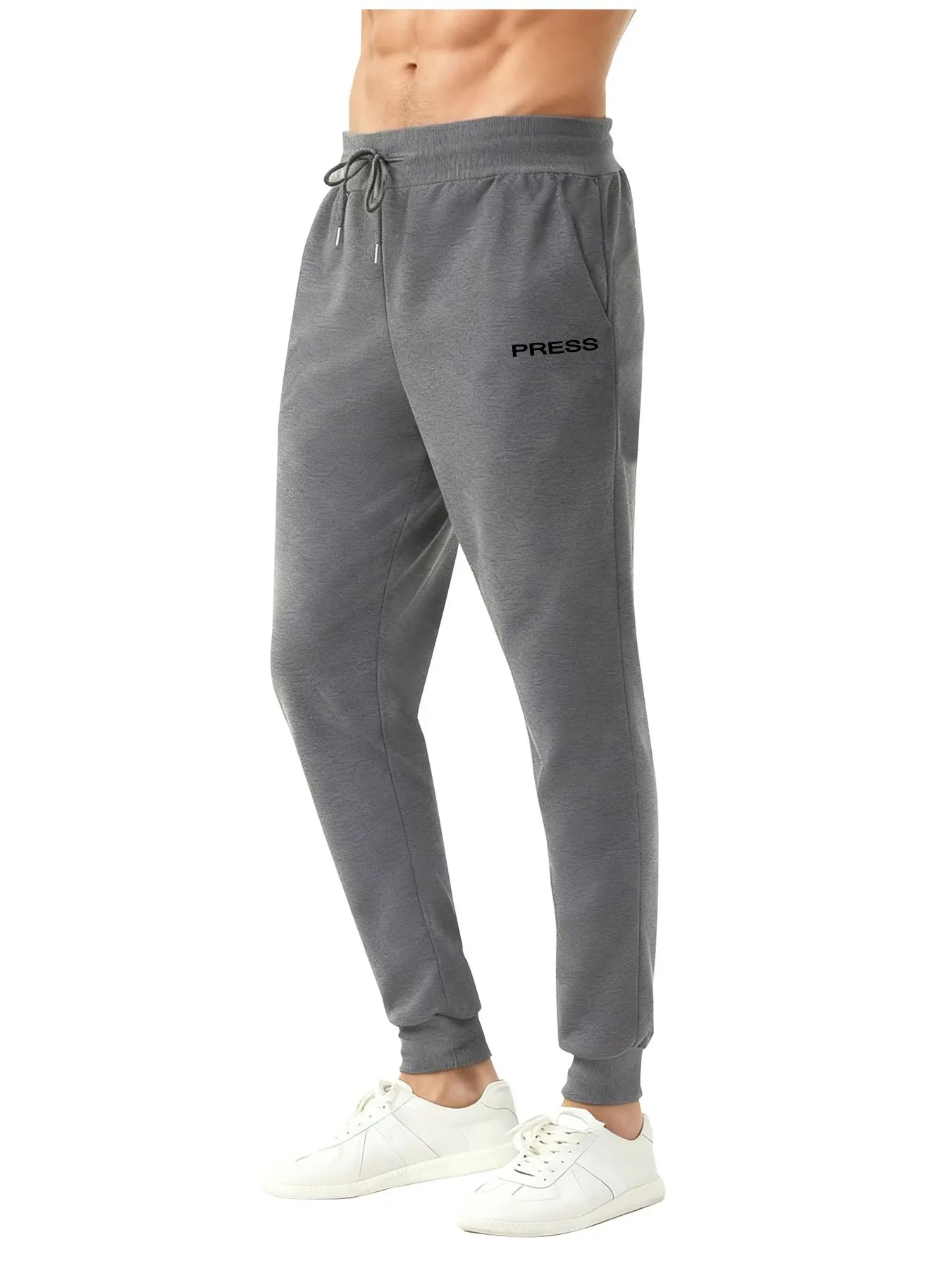 

Мужские спортивные брюки Slim Fit полной длины для тренировок, с завязками на талии, принтом "Press" и боковыми карманами, всесезонные тренировочные штаны