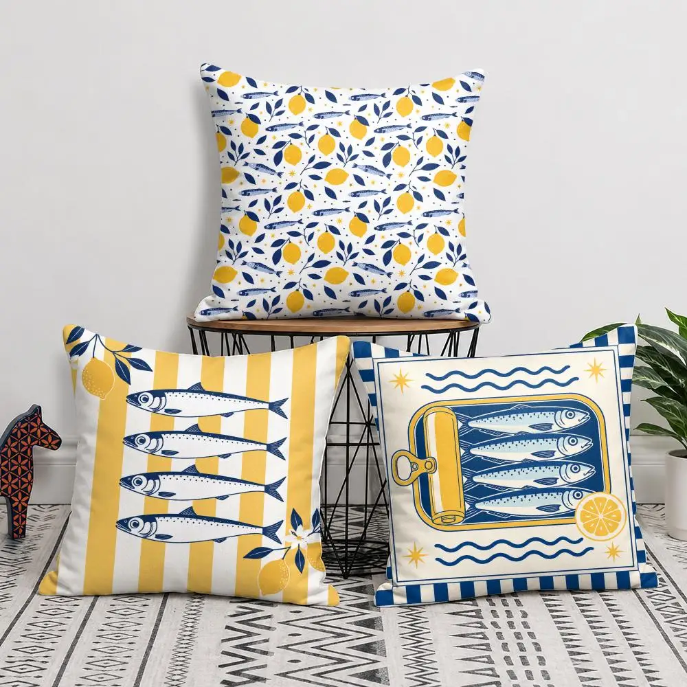 Lemon Sardine Tin Food Art Cushion Cover Short Plush Soft Double-Sided Printing Pillow Case Cozy Sofa Bedroom Home Decor Gift