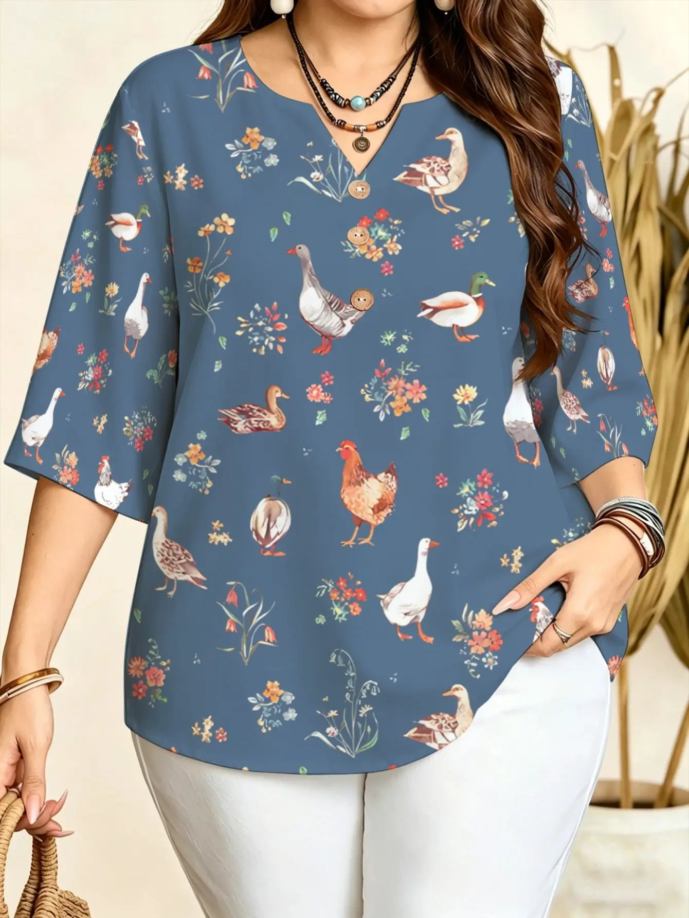 Printed Notch V Neck Blouses Abstract Jellyfish Farm Duck Butterfly Patchwork Floral Loose 3/4 Sleeve Casual Tops For Women