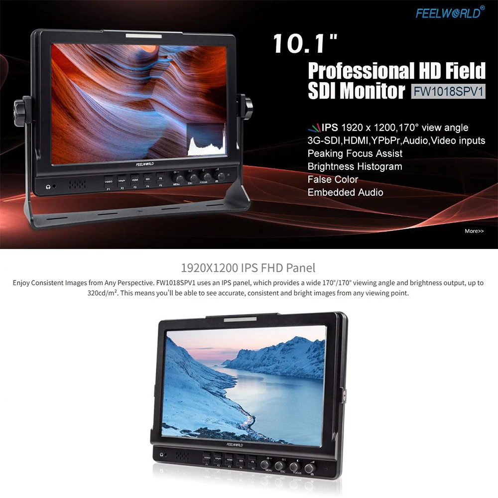 FEELWORLD FW1018SPV1 10.1 Inch Full HD Field Monitor 1920x1200 IPS Camera Monitor with 3D-LUT,Waveform,Histogram,False Colors - view 2