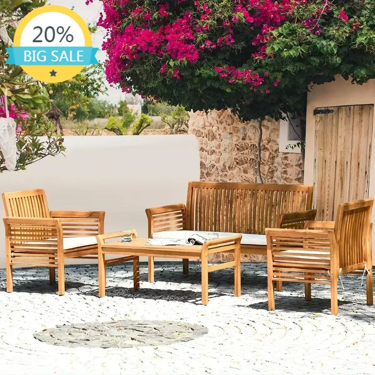 

BestsellerBestsellerXMSJ.4 Piece Outdoor Acacia Wood Sofa Set with Water Resistant Cushions, Padded Patio Conversation Table Cha