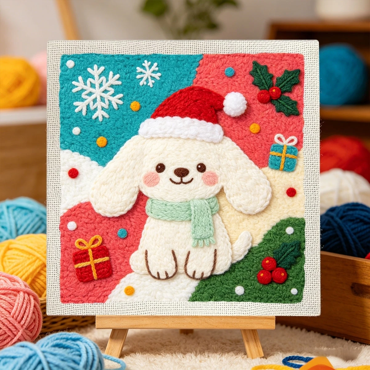 1 Set Weihnachts-Welpen DIY-Stickerei-Set für Anfänger, Stickerei-Starter-Kit, Kreuzstich-Kunstgeschenk, Nadelarbeiten – Detail 2