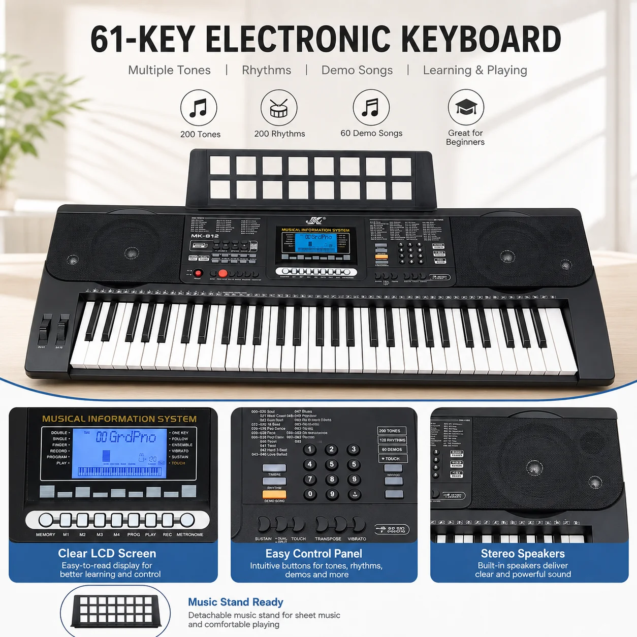 61 Keys Electronic Keyboard Piano LCD Display Dual Stereo Speaker MIDI Controller Synthesizer For Beginner Musical Instrument