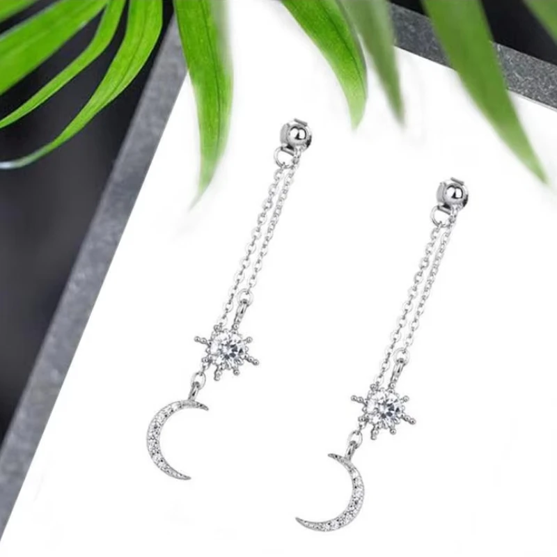 Nowa gorąca moda 925 Sterling Silver Crystal Star Moon długie kolczyki dla kobiet dziewczynki prezent moda oświadczenie biżuteria — zdjęcie 2